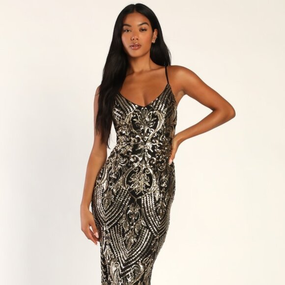 Lulus Truly Alluring Black And Gold Sequin Mermaid Maxi Dress - Size M - Picture 1 of 6